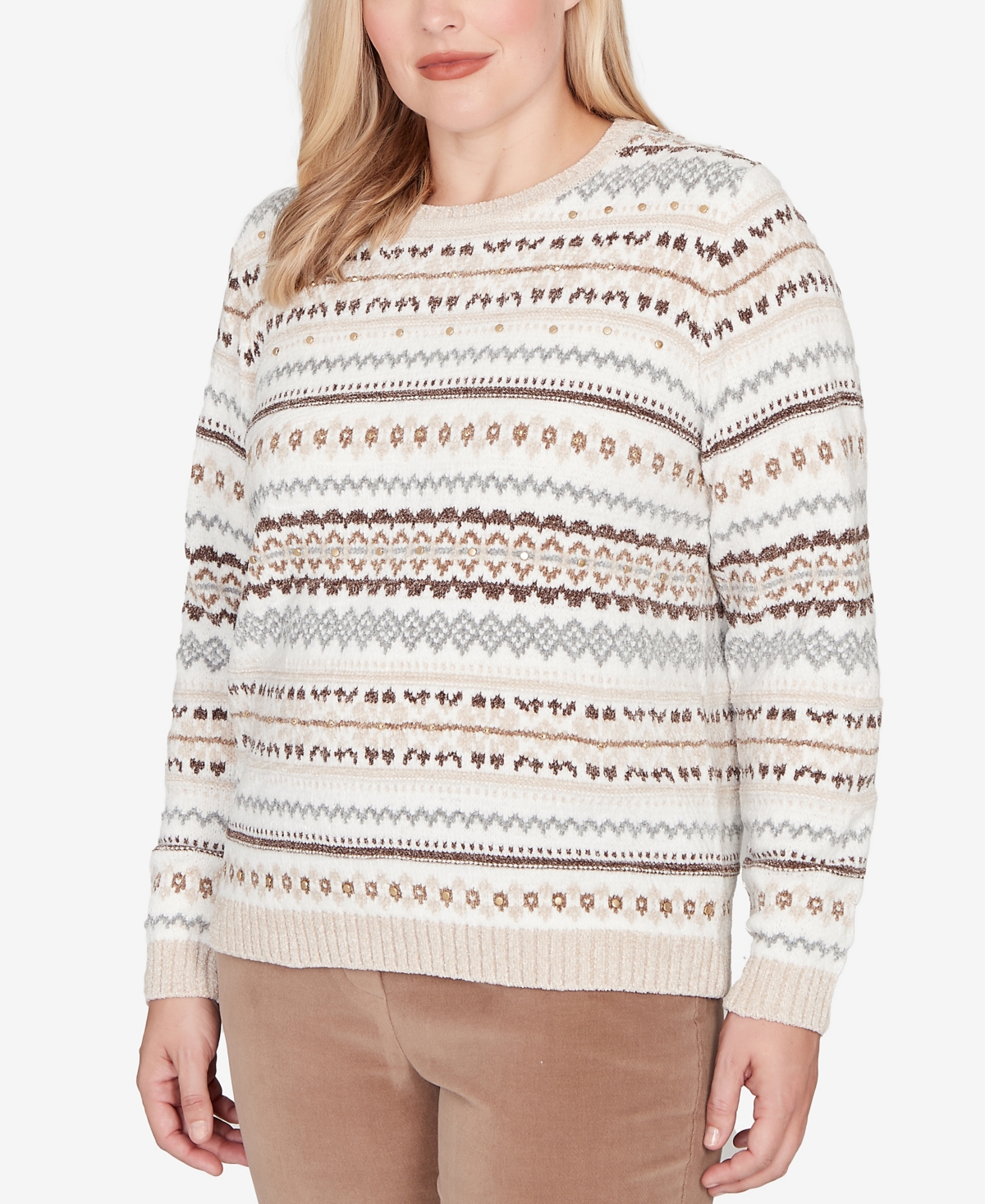 Alfred Dunner Plus Size Vienna Geometric Biadere Striped Chenille Sweater In Brown