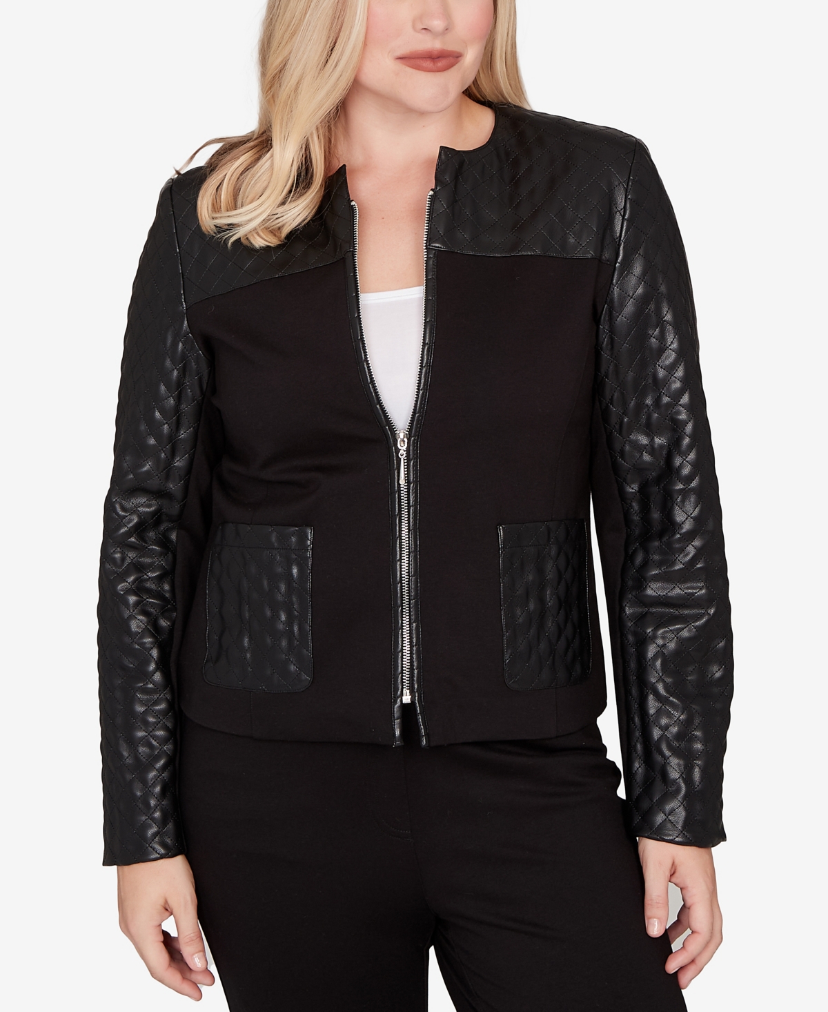 Alfred Dunner Barcelona Zip Front Stretch Ponte Jacket In Black