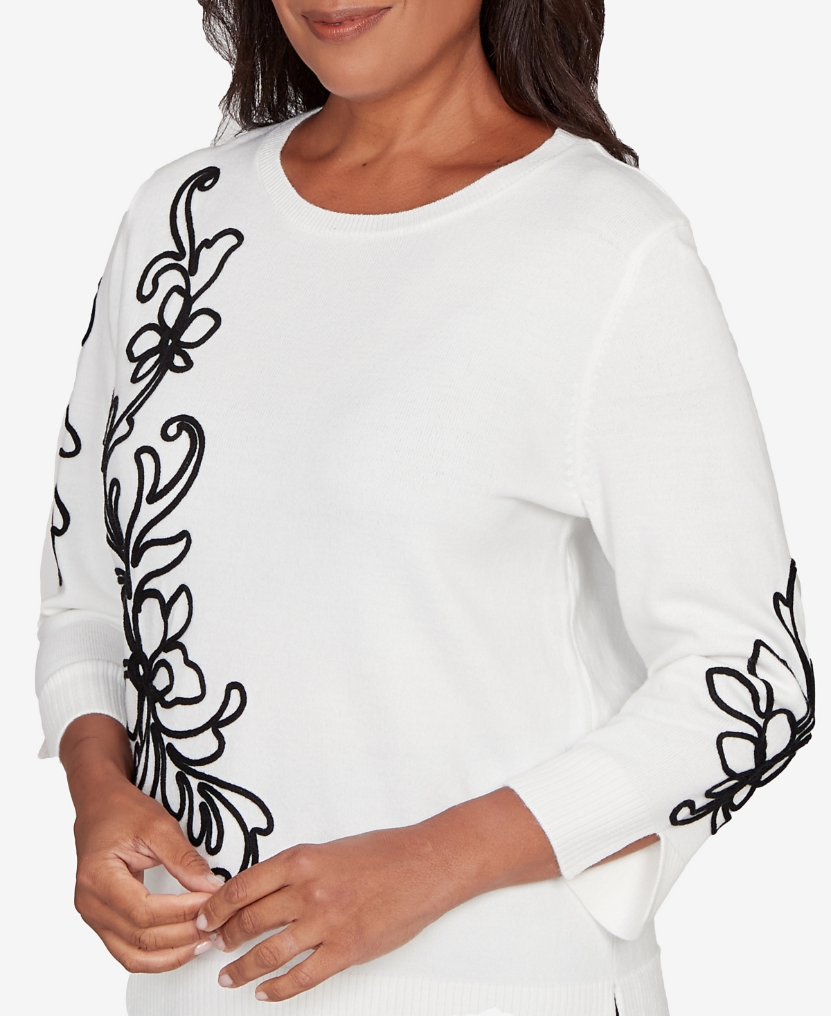 Alfred Dunner Plus Size Barcelona Floral Soutache Lightweight Sweater In White