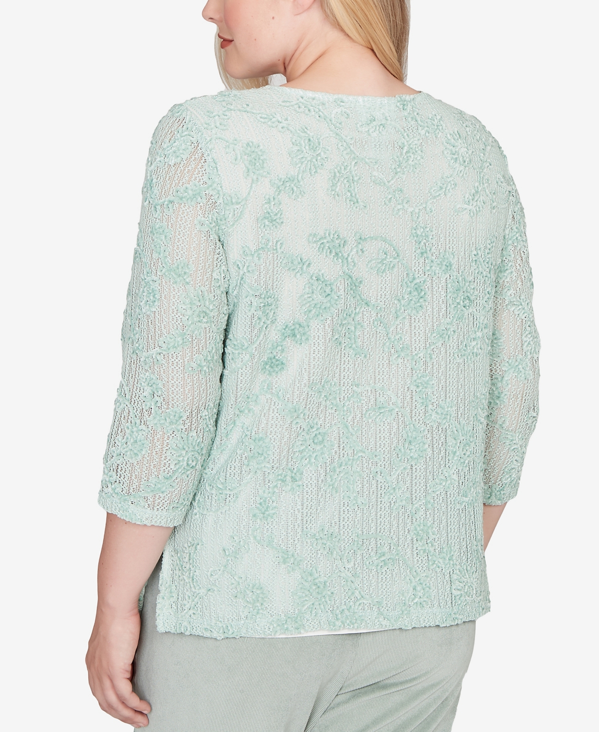 Alfred Dunner Stockbridge Floral Velvet Soutache Mesh Top with Necklace