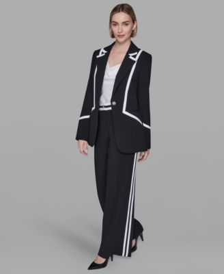 Karl Lagerfeld Womens Collar Contrast Trim Blazer High Rise Contrast Band Pants In Black