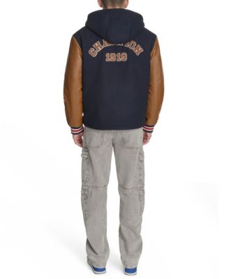 Men's Mixed Media Hooded Varsity Jacket