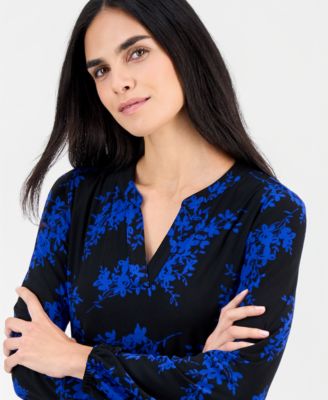 Petite Printed Split-Neck Top
