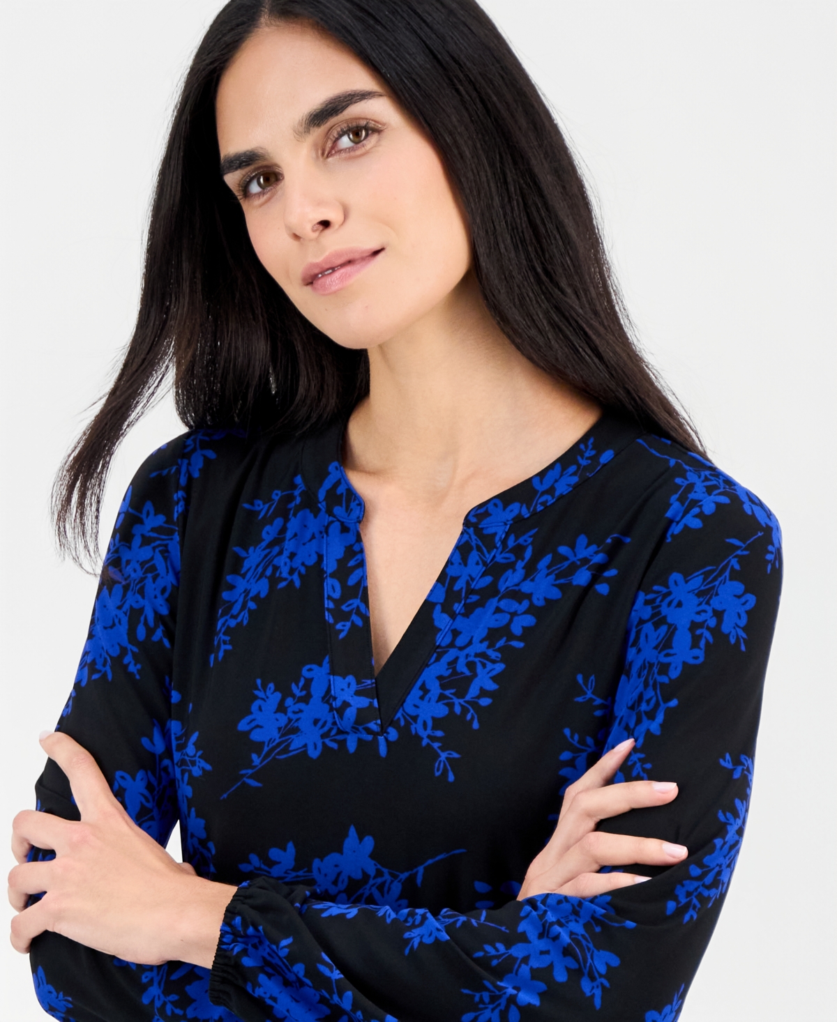 Ak Anne Klein Petite Printed Split-Neck Top