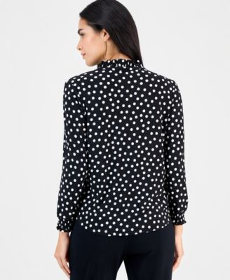 Plus Size Dot-Print Ruffe-Neck Smocked-Cuff Top