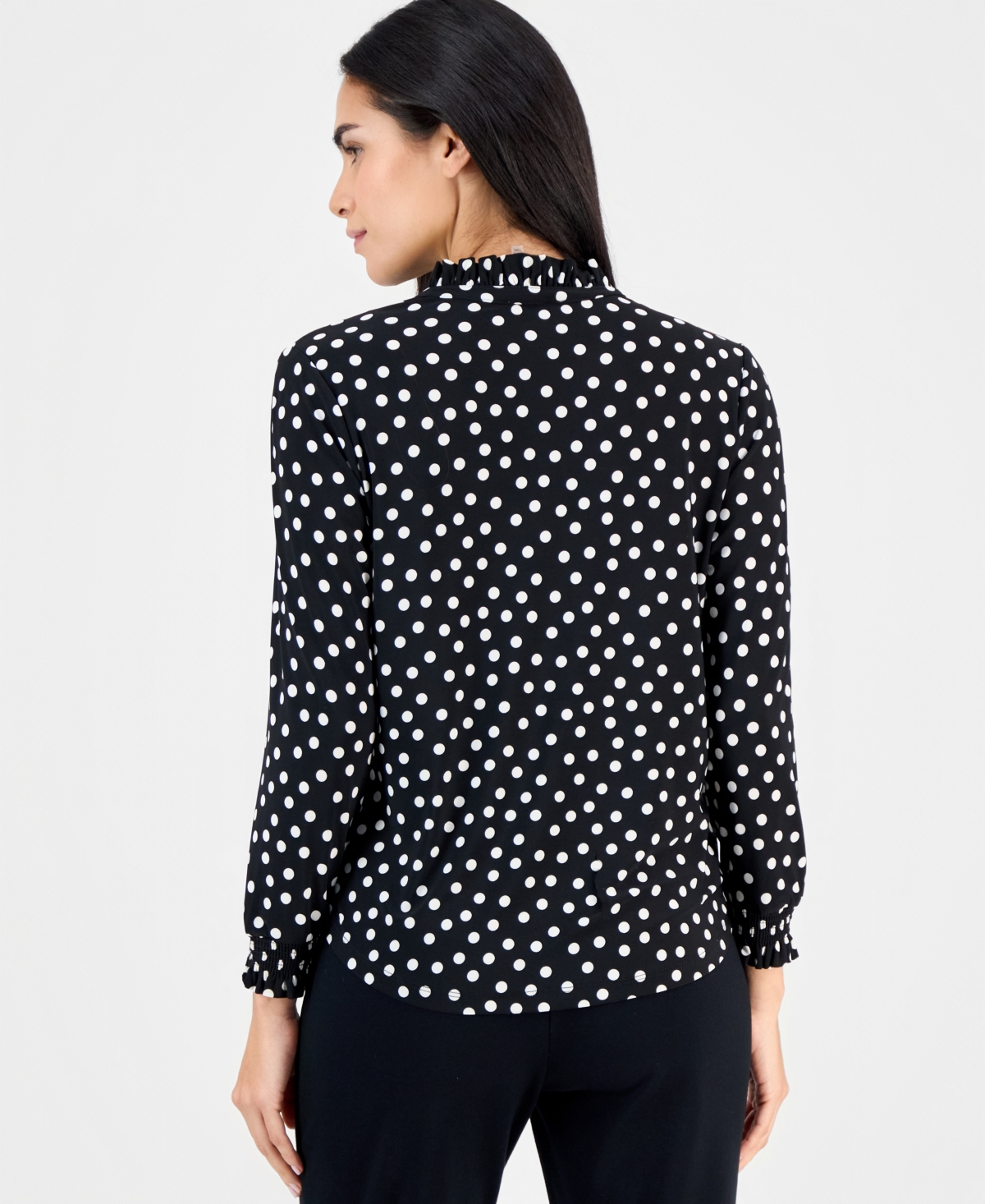 Ak Anne Klein Plus Size Dot-Print Ruffe-Neck Smocked-Cuff Top