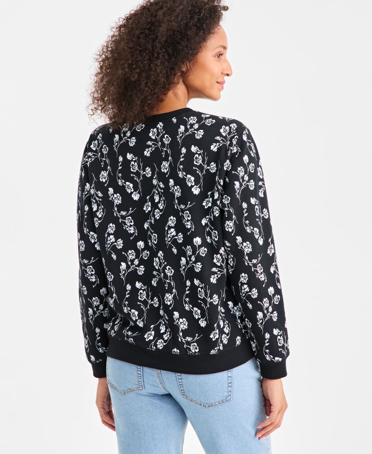 Style & Co Women's Printed Fleece Crewneck Sweatshirt, Macy's Exclusive In Black