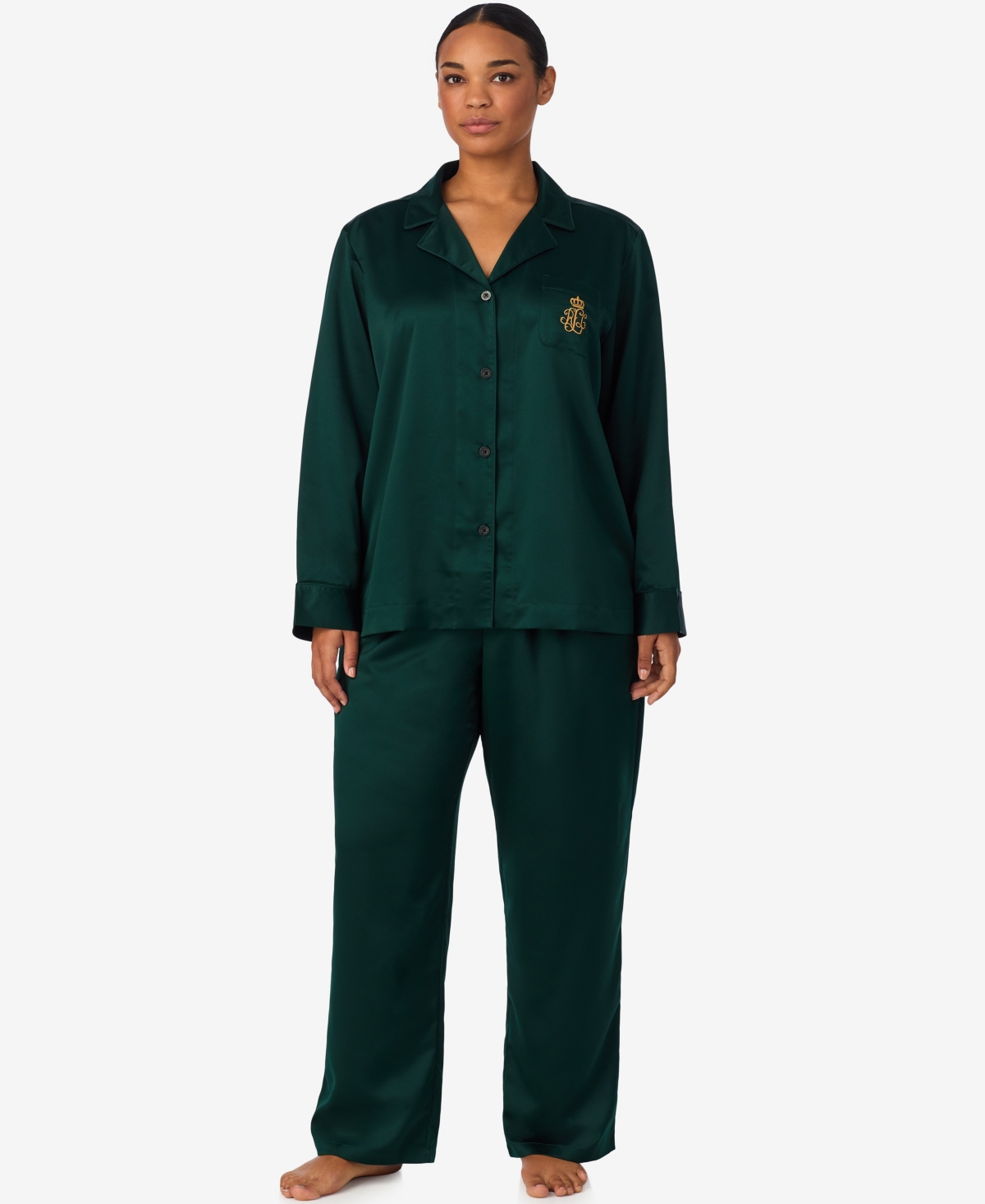 Ralph Lauren Plus Size Long Sleeves Notch Collar Pajama Set In Green