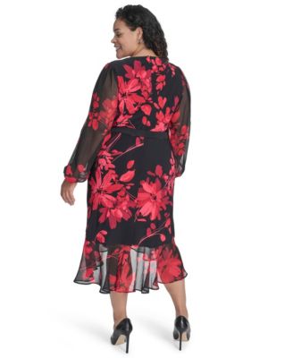 Plus Size Chiffon Long-Sleeve Midi Dress