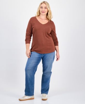 Plus Size Long Sleeve V-Neck Top