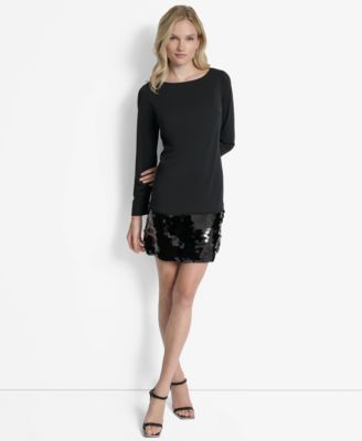 DKNY - Women's Long Sleeve Sequin Hem Shift Dress