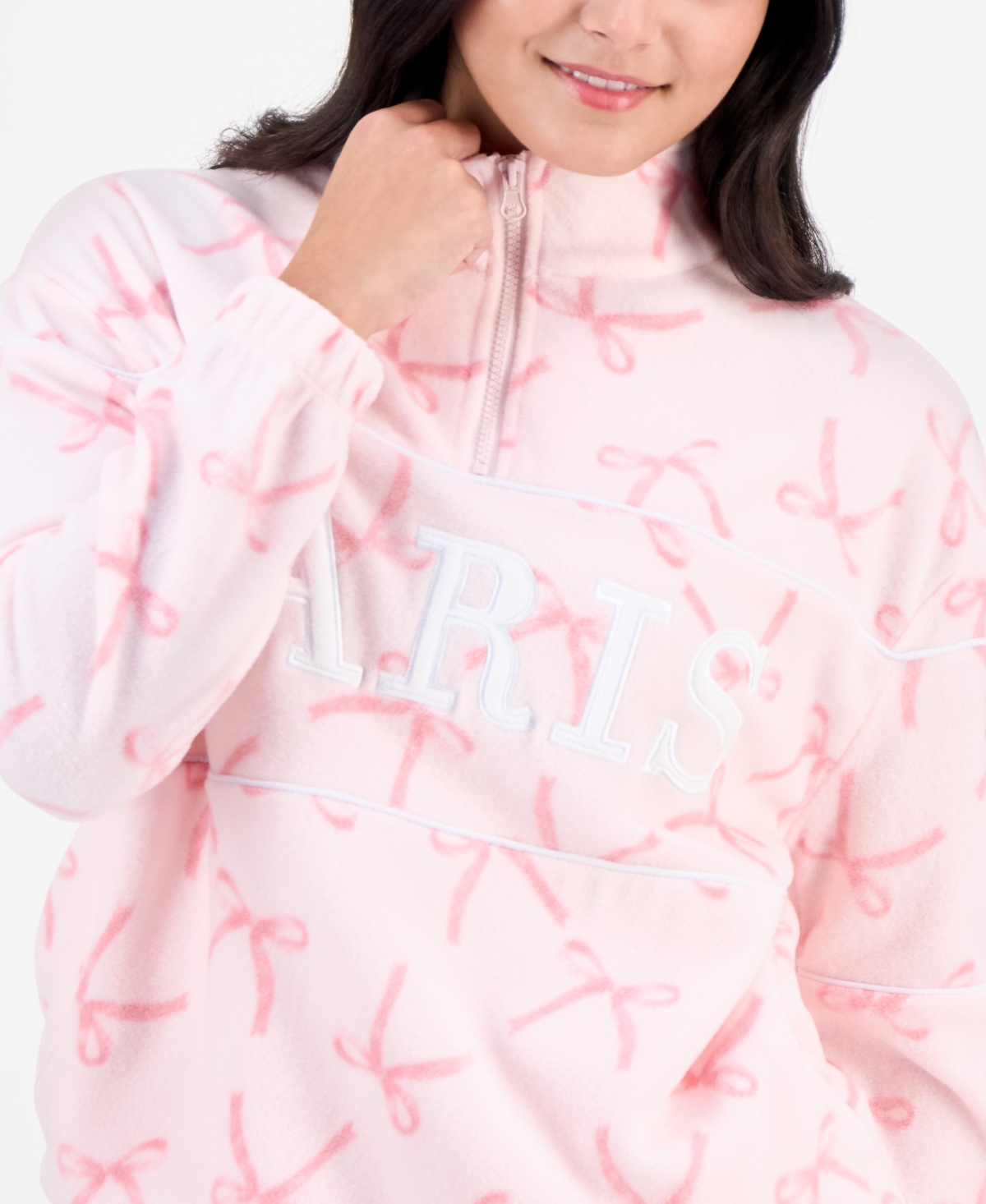 Rebellious One Juniors' Paris Bow-print Quarter-zip Fleece Top In Animal Print