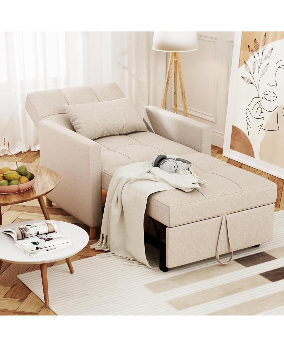 Aecojoy 31.5" Sleeper Chair, Convertible Chair Bed for Adults, 3-in-1 Pull Out Sofa Chair
