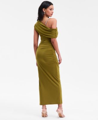Women's Asymmetrical Drape Beaded Strap Midi Dress