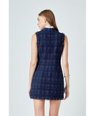 Women's Lace Detail Tweed Mini Dress