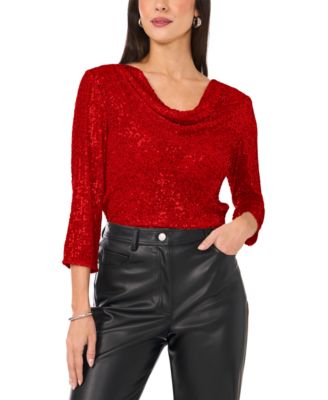 Women's Sequined Cowlneck 3/4-Sleeve Top