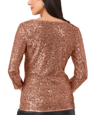 Women's Sequined Cowlneck 3/4-Sleeve Top