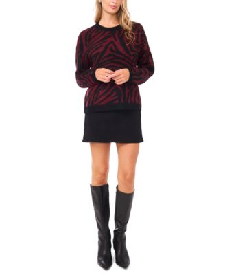 Women's Crewneck Zebra Print Jacquard Long-Sleeve Sweater