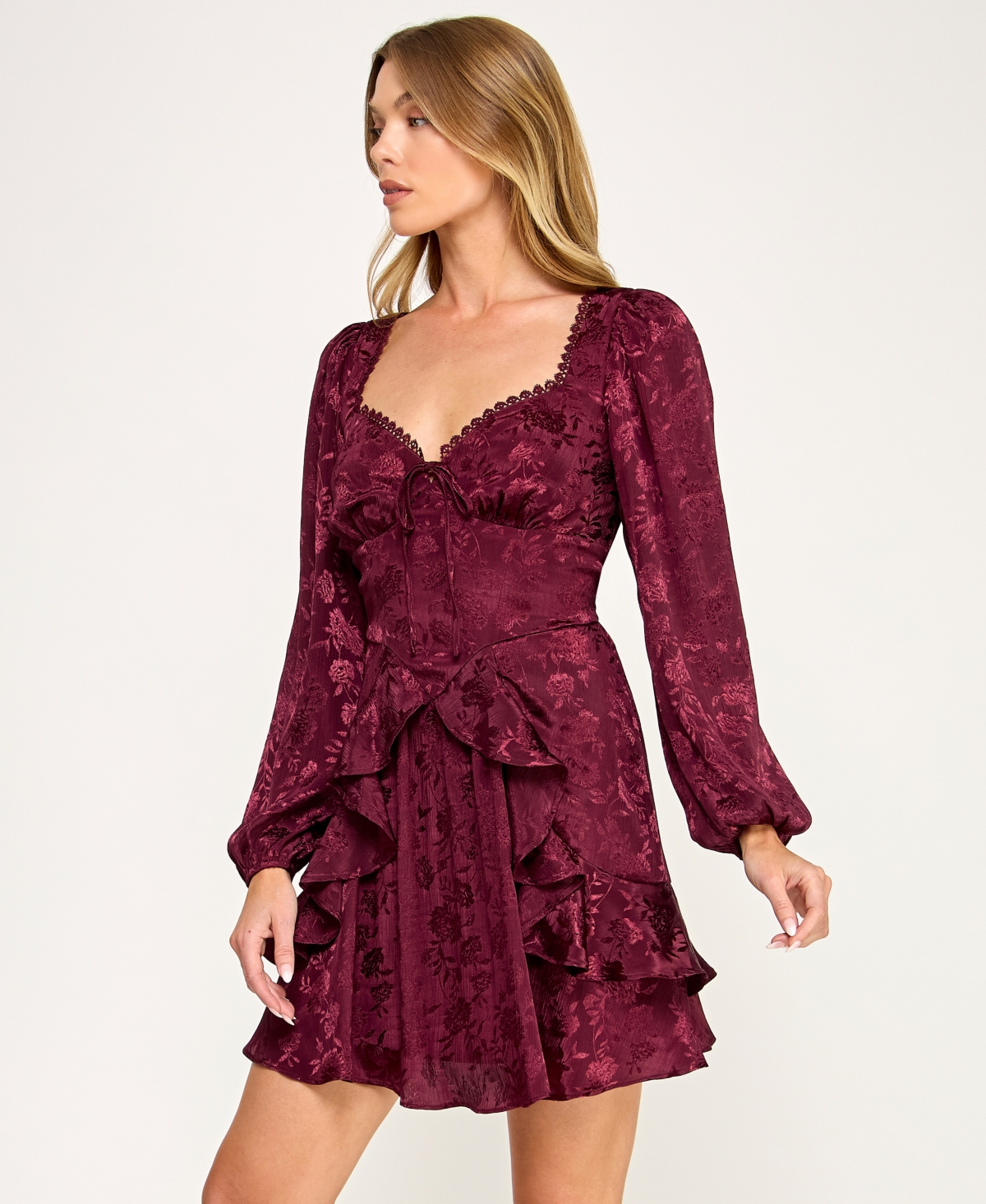 Row A Juniors' Long Sleeve Jacquard Dress In Burgundy