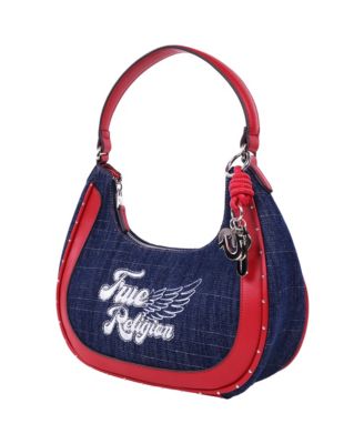 Wing Motif Denim Hobo Bag with Red Trim