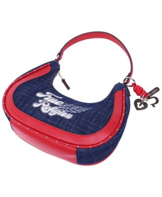 Wing Motif Denim Hobo Bag with Red Trim