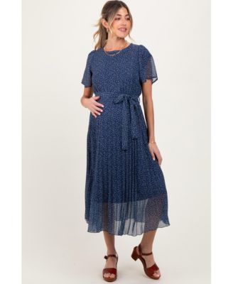 Maternity Navy Leaf Print Pleated Midi Dress