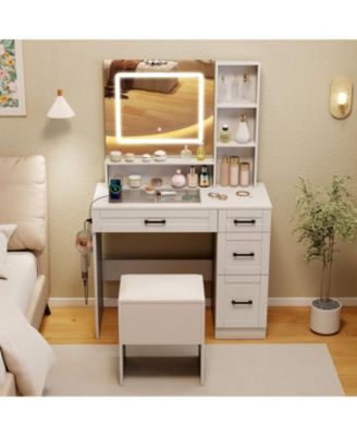 Glass Top Vanity Desk with LED Mirror, 3-Color Lighting & Hair Dryer Stand – 4 Drawers, Charging Station