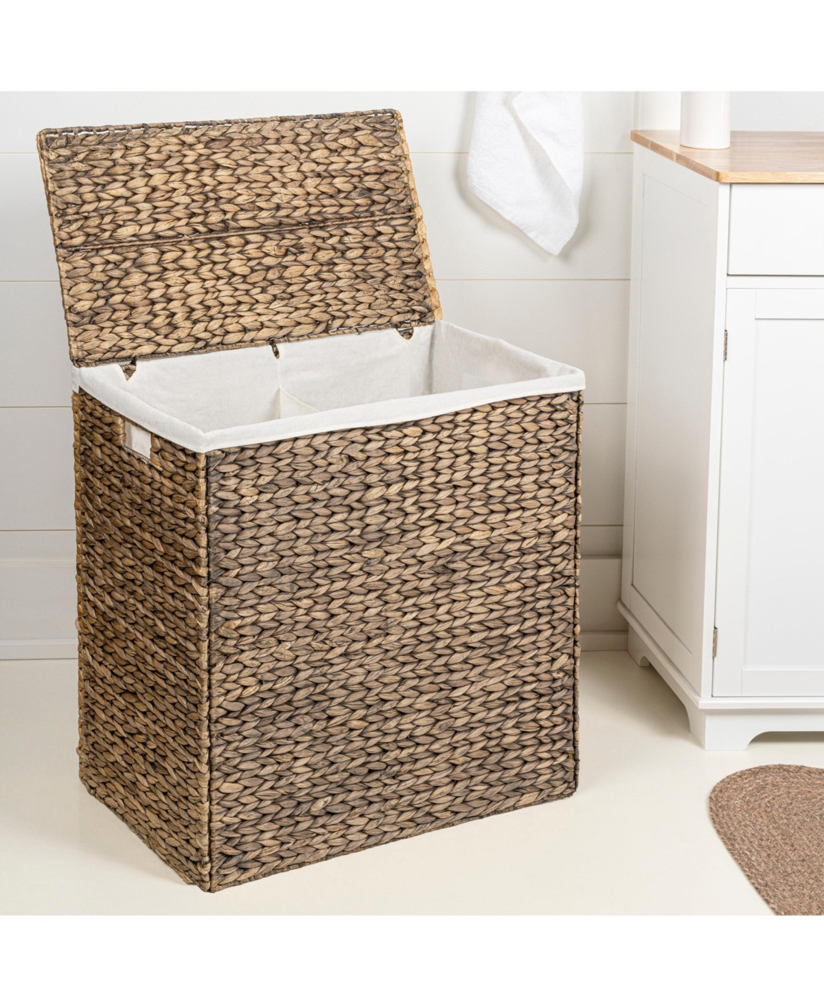 Sawyer 24" Classic Farmhouse Hand-Woven Hyacinth 2-Section Collapsible Laundry Hamper with Washable Liner
