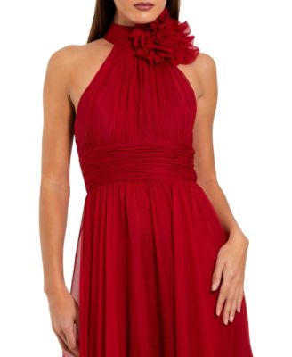 Women's Sleeveless Mock Neck Chiffon Gown With 3D Flower