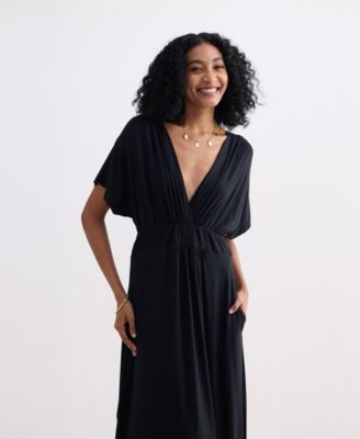 Women's Flowy A-Line Maxi Dress with Side Slits in Black