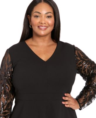 Plus Size V-Neck Sequin Sleeve Shift Dress