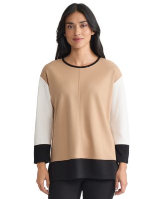 Petite Long Sleeve Crew Neck Colorblock Top