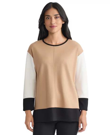 Petite Long Sleeve Crew Neck Colorblock Top - Cafe multi