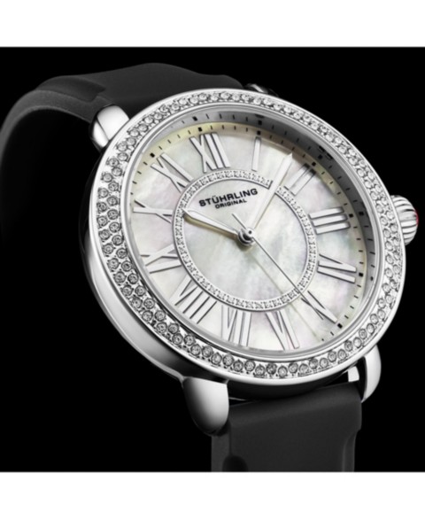 Женские часы Stuhrling Elegant 40мм на чёрном атласном ремешке с кристаллами модель 4068
