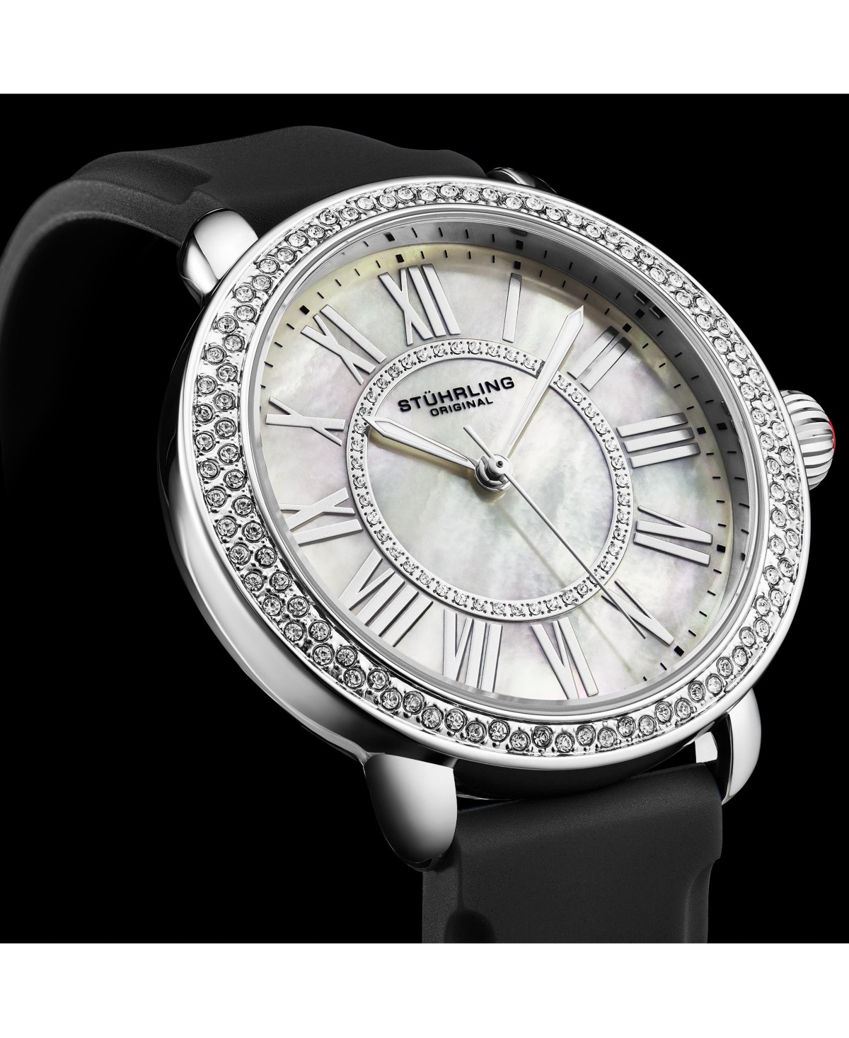 Женские часы Stuhrling Elegant 40мм на чёрном атласном ремешке с кристаллами модель 4068 — фото 1