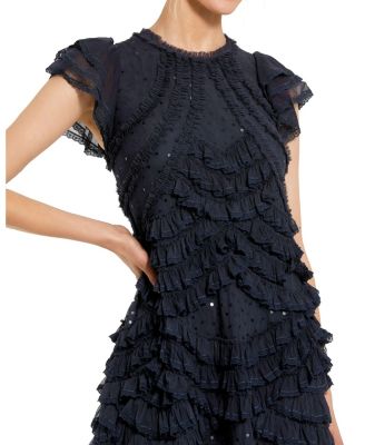 Women's High Neck Ruffle Mesh Midi Dress