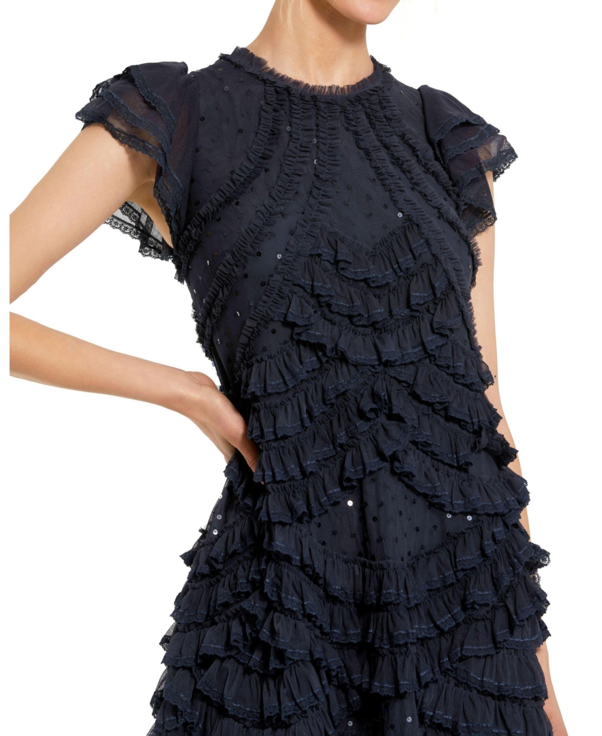 Mac Duggal Women's High Neck Ruffle Mesh Midi Dress