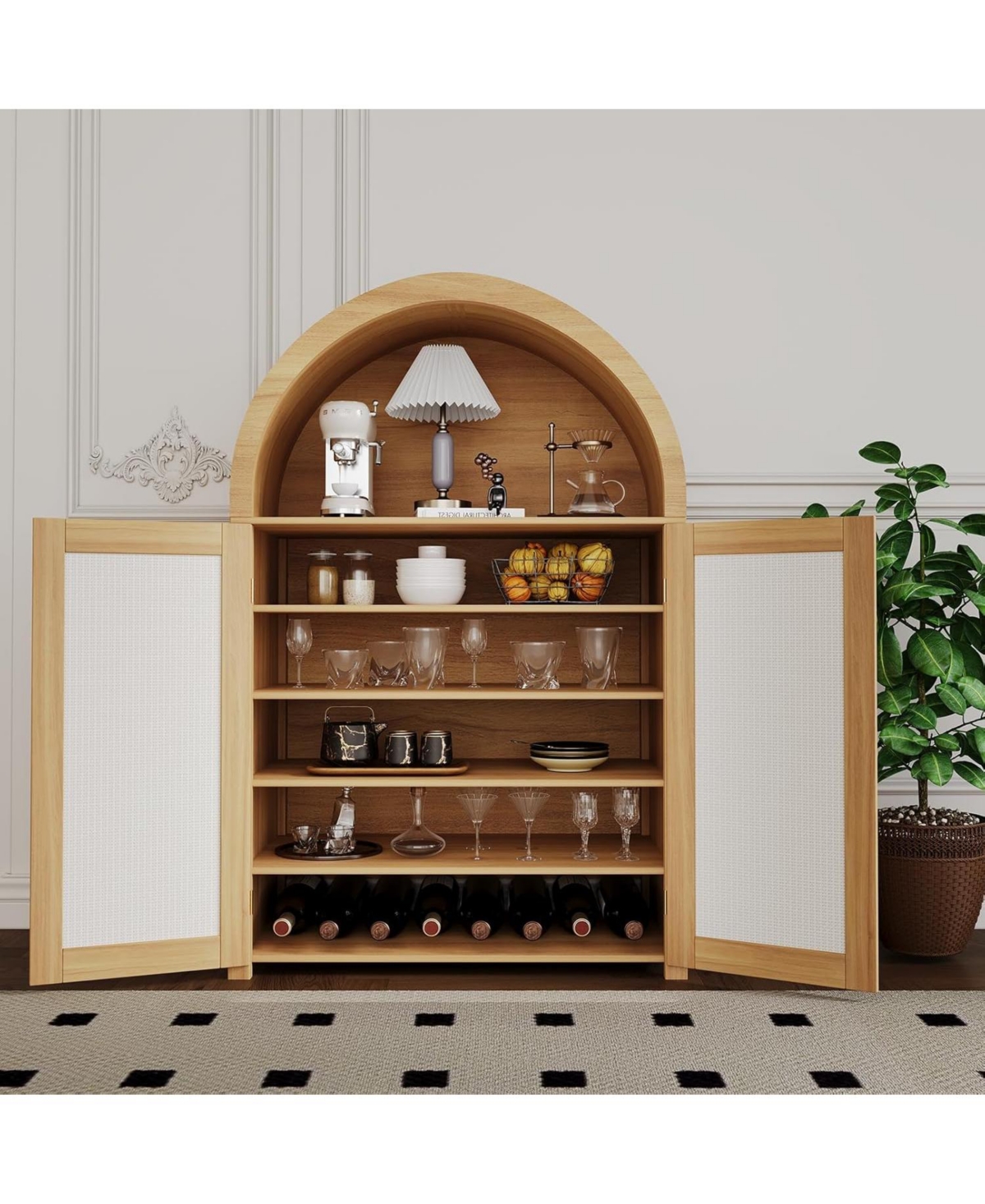 5 Tier Arched Shoe Storage Cabinet with Rattan Doors, Farmhouse Freestanding Shoe Rack Cabinet with Adjustable Shelves for Entryway, Natural Wood