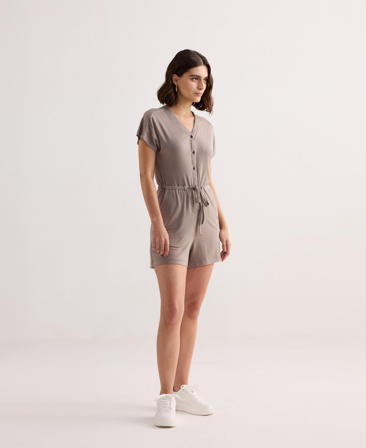 Reistor Women's V neck Drawstring Knit Romper Dusty brown