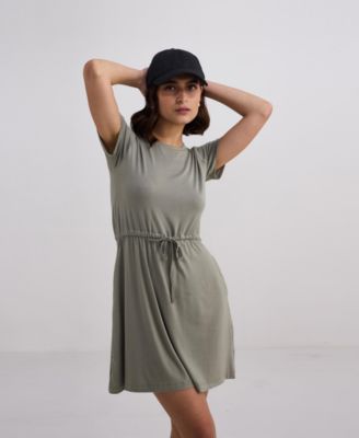 Women's Drawstring Short T-shirt Dress in Light Olive