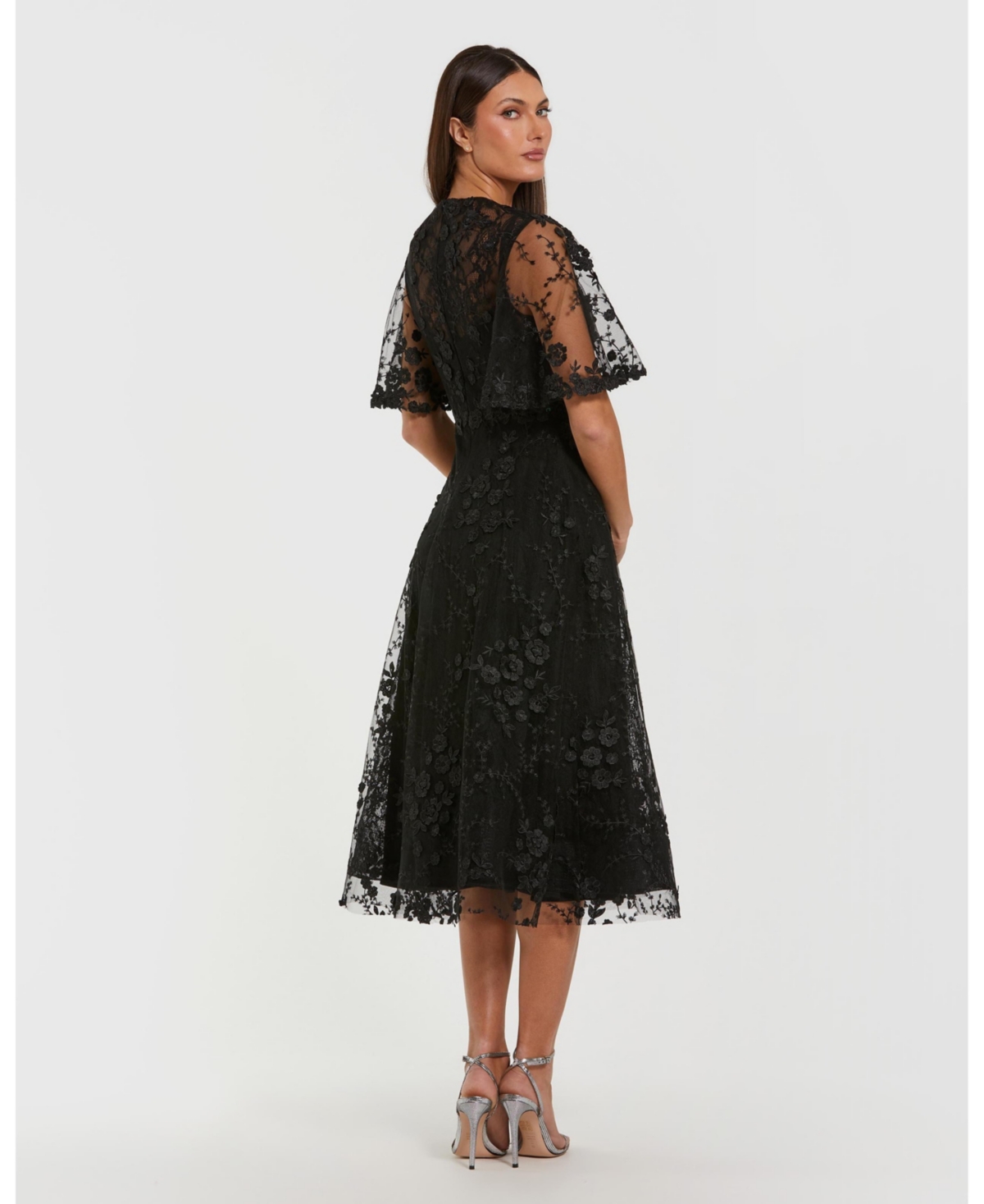 Mac Duggal Women's Flutter Sleeve Embroidered Midi Dress