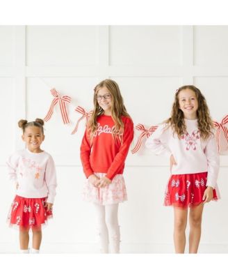 Little and Big Girls Candy Cane Bow Printed Christmas Tutu Skirt