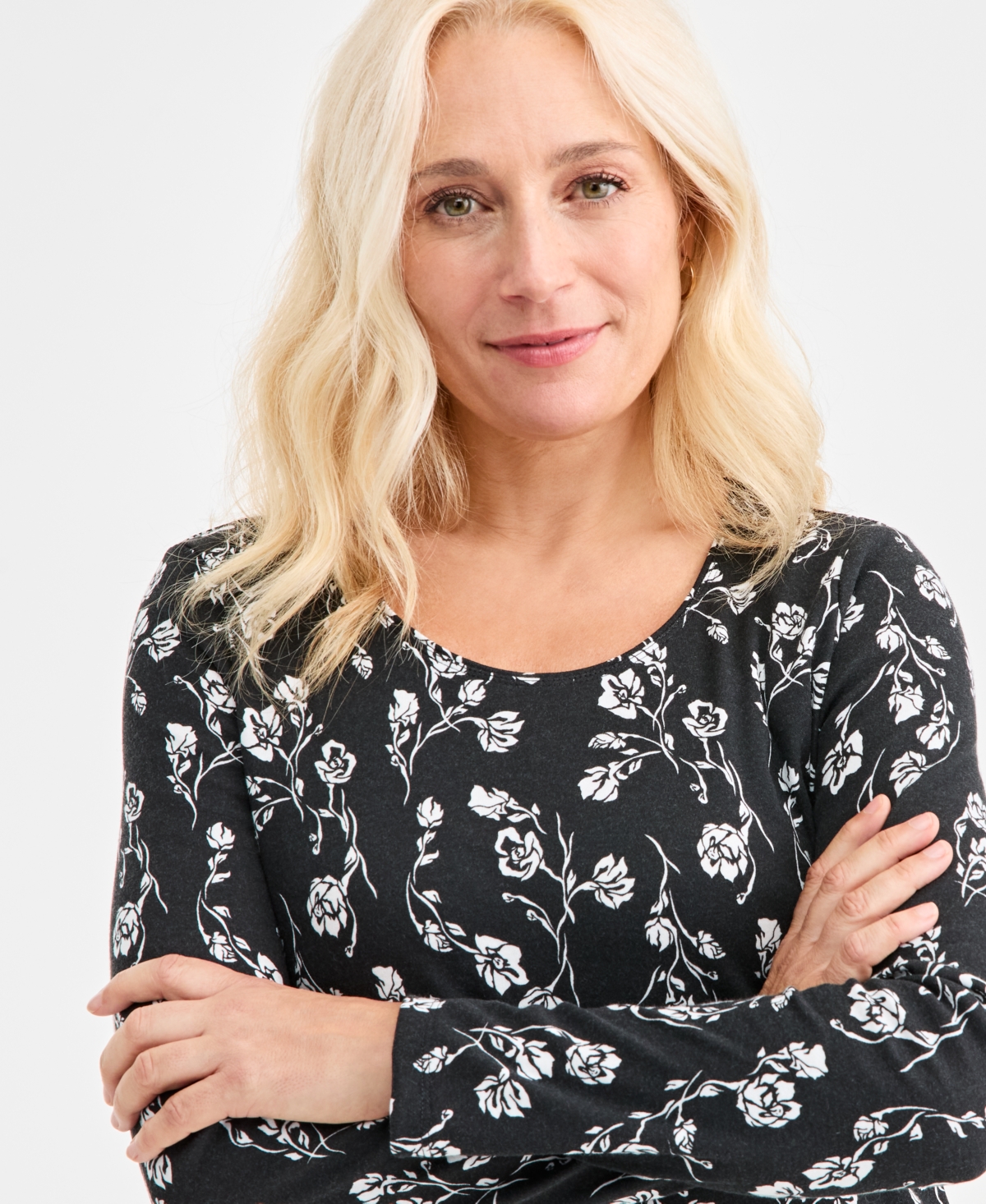 Style & Co Women's Printed Long-sleeve Scoop-neck Top, Macy's Exclusive In Black