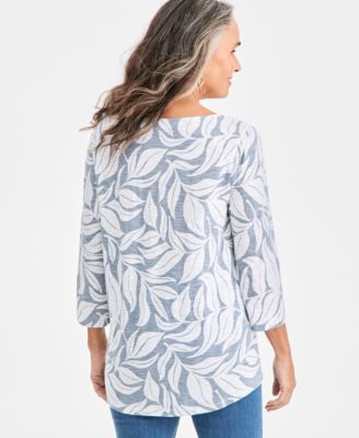 Petite Split Neck Pintuck Fern Leaves Top, Macy's Exclusive