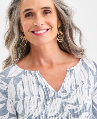 Petite Split Neck Pintuck Fern Leaves Top, Macy's Exclusive