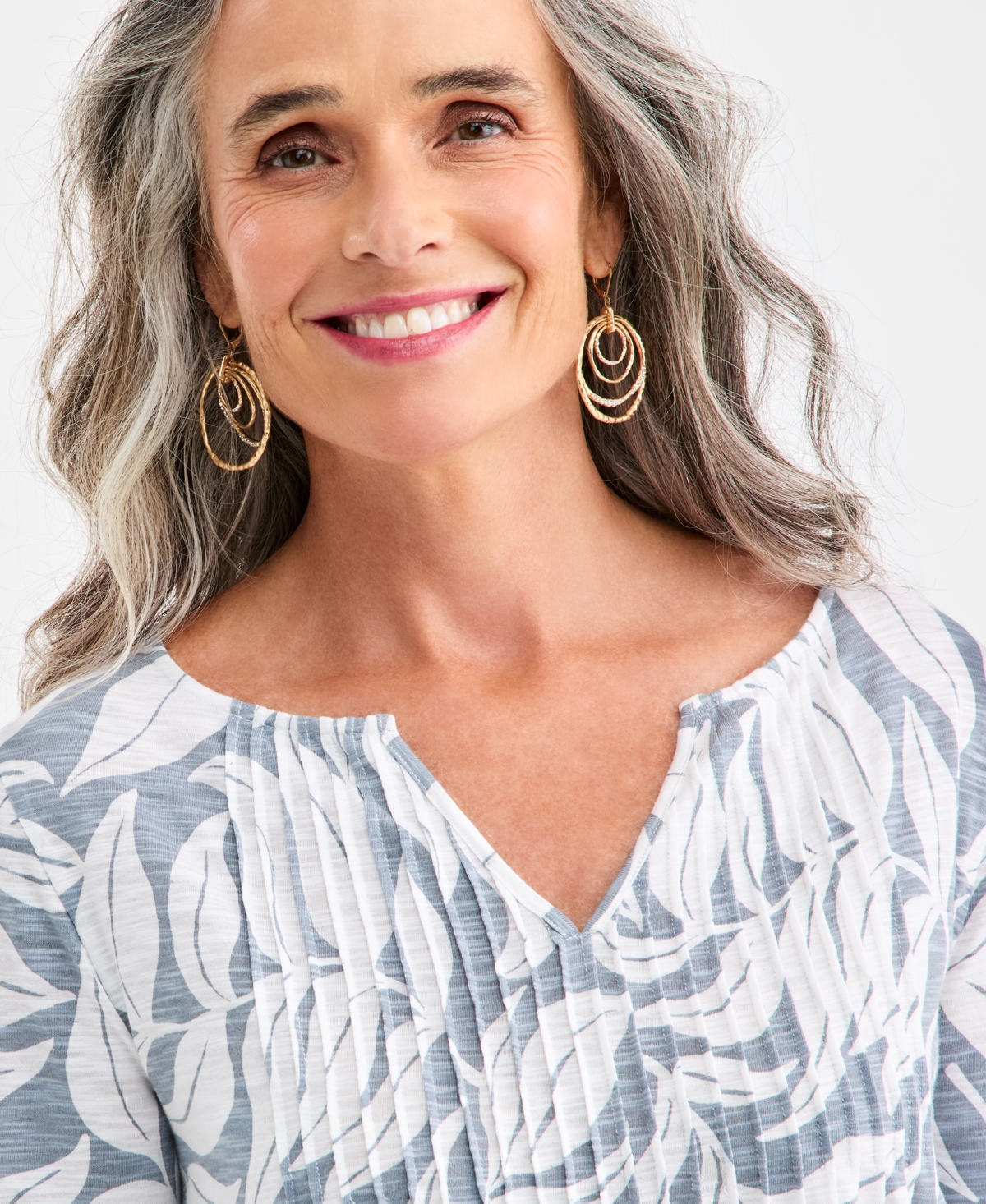 Style & Co Women's Printed Split-neck Pintucked Knit Top, Macy's Exclusive In White