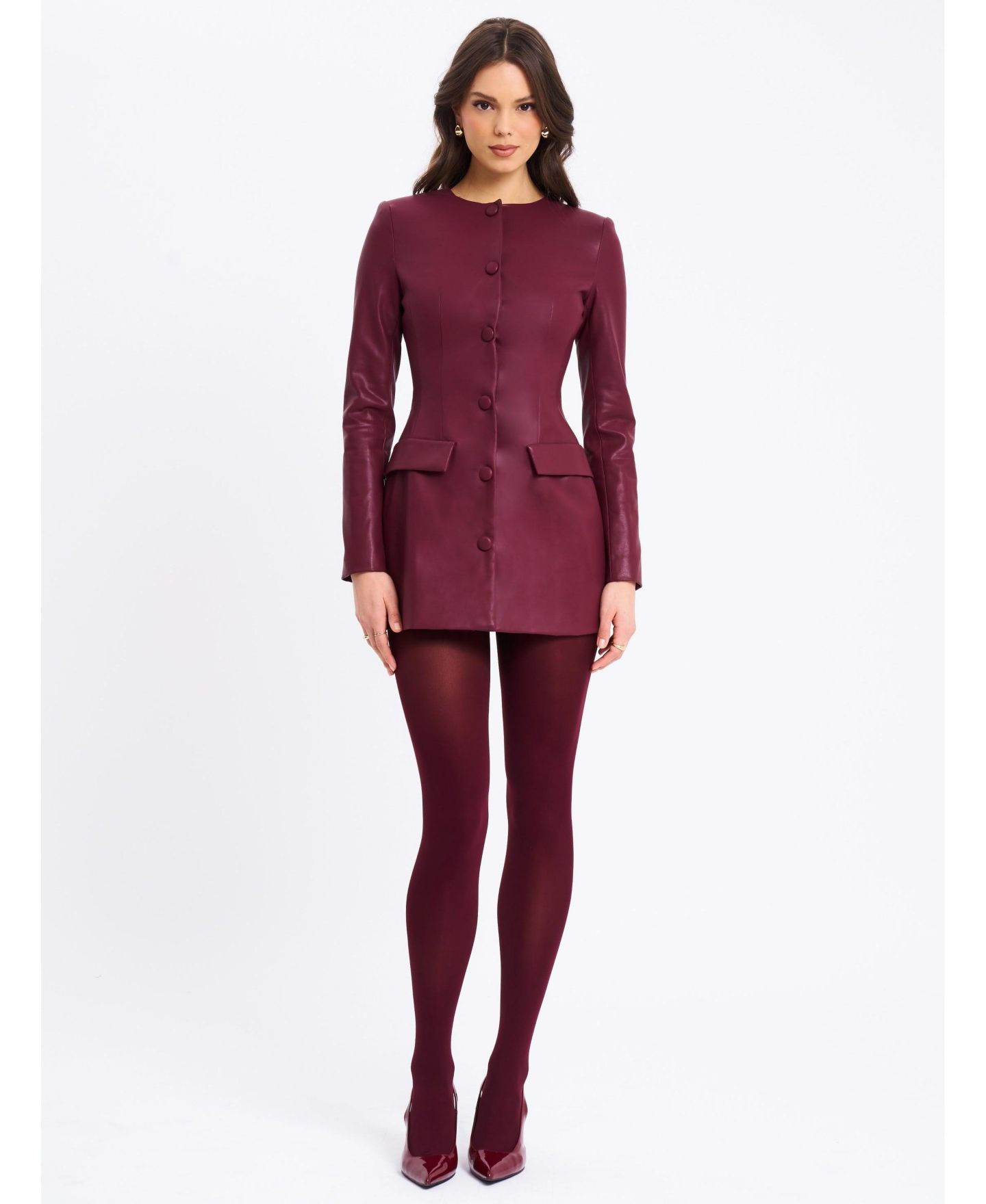 Женское платье Miss Circle Women Baila Burgundy Faux Leather Blazer Mini, цвет: Тёмный бордовый — фото 2