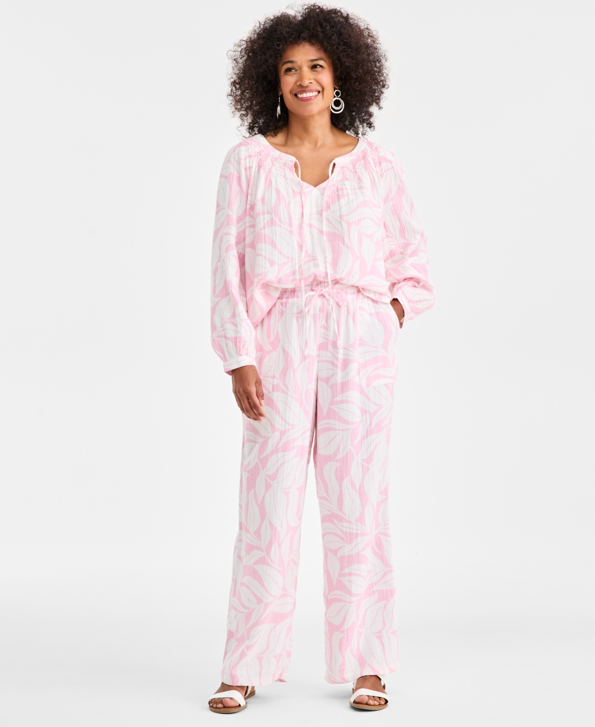 Style & Co Petite Printed Double Gauze Wide-leg Pants, Macy's Exclusive In Pink