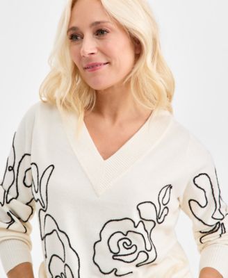 Petite Embroidered Soutache Long-Sleeve Sweater, Macy's Exclusive