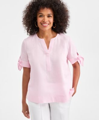Women's 100% Linen Split-Neck Tie-Cuff Top, Created for Macy's